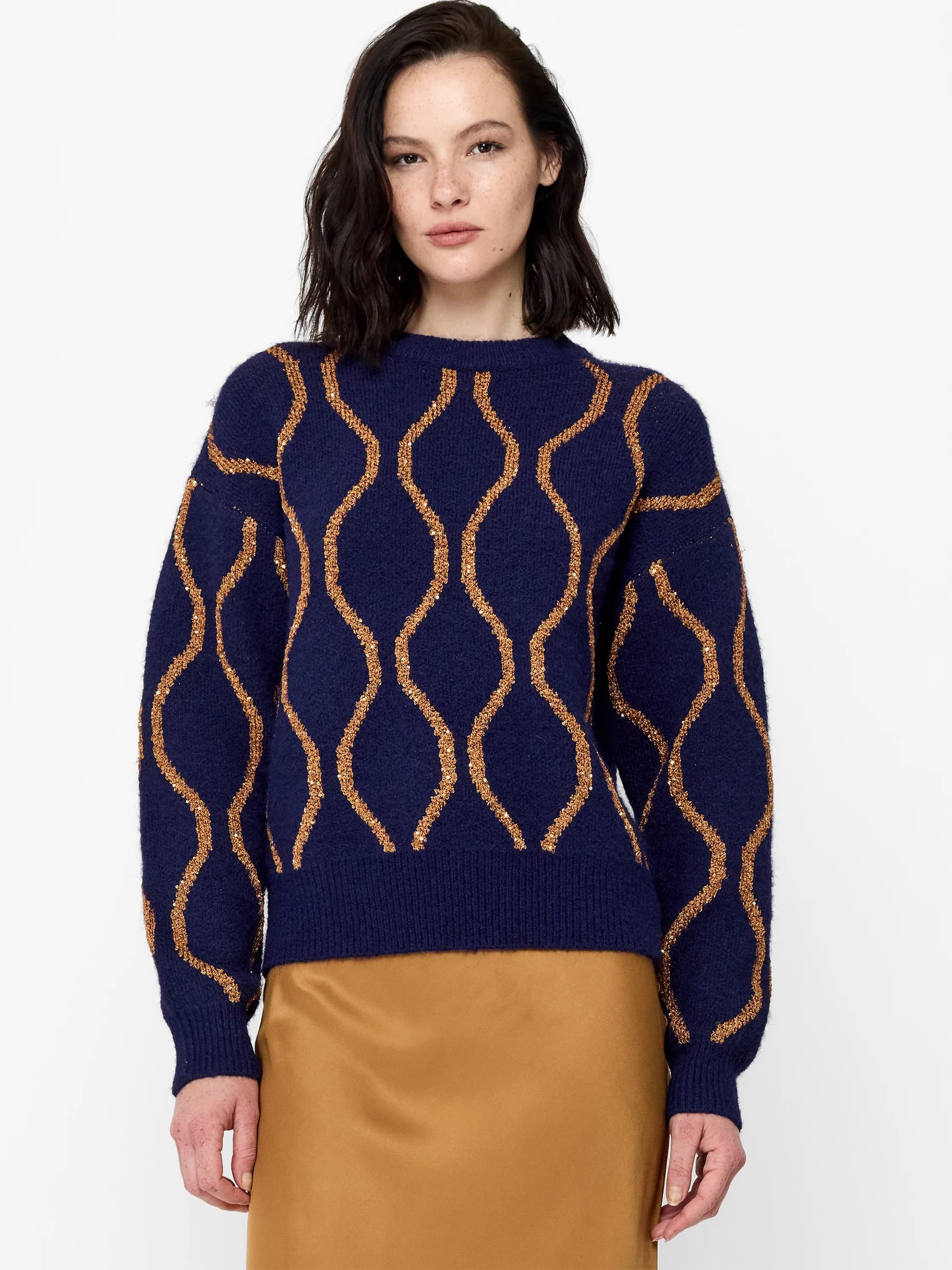 French Connection Emley Navy Sequin Knit Jumper Midnight Blue/bronze