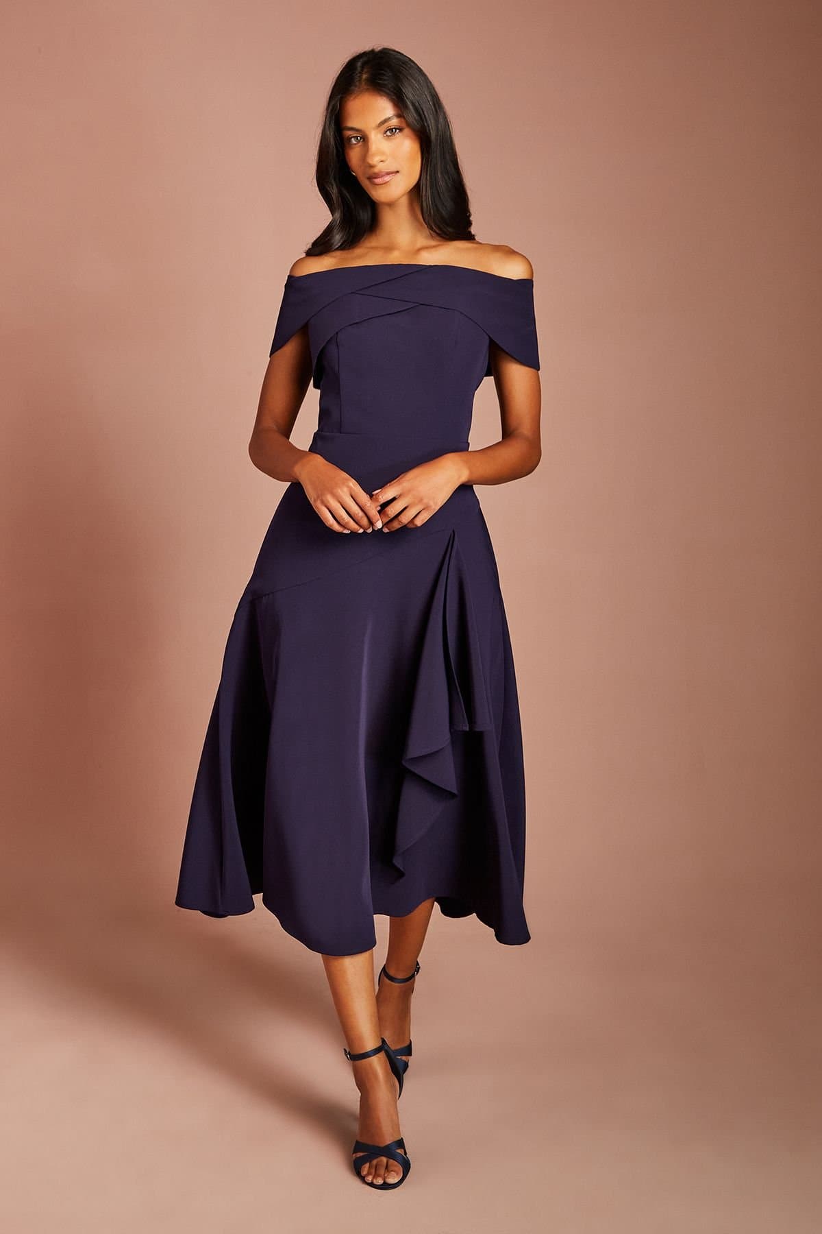 Coast Coast Women's Petite Bardot Waterfall Crepe Midi Dress in Navy