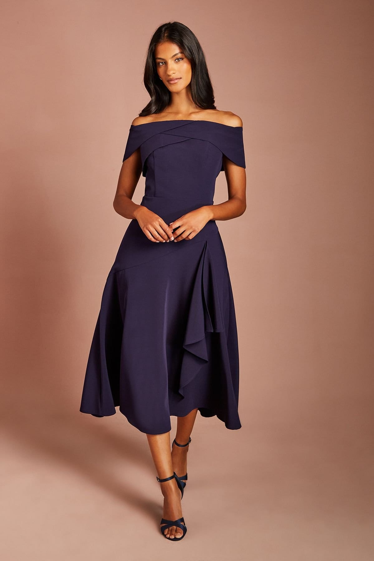 Coast Petite Navy Bardot Waterfall Crepe Midi Dress