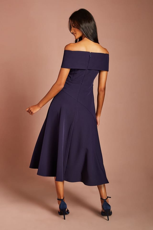 Coast Coast Women's Petite Bardot Waterfall Crepe Midi Dress in Navy - 3
