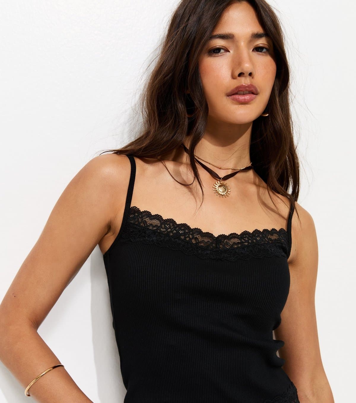 New Look New Look Black Cotton Rich Lace Trim Cami Top