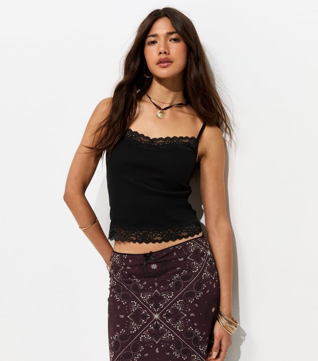 New Look Women's Black Cotton Rich Lace Trim Cami Top New Look - 2