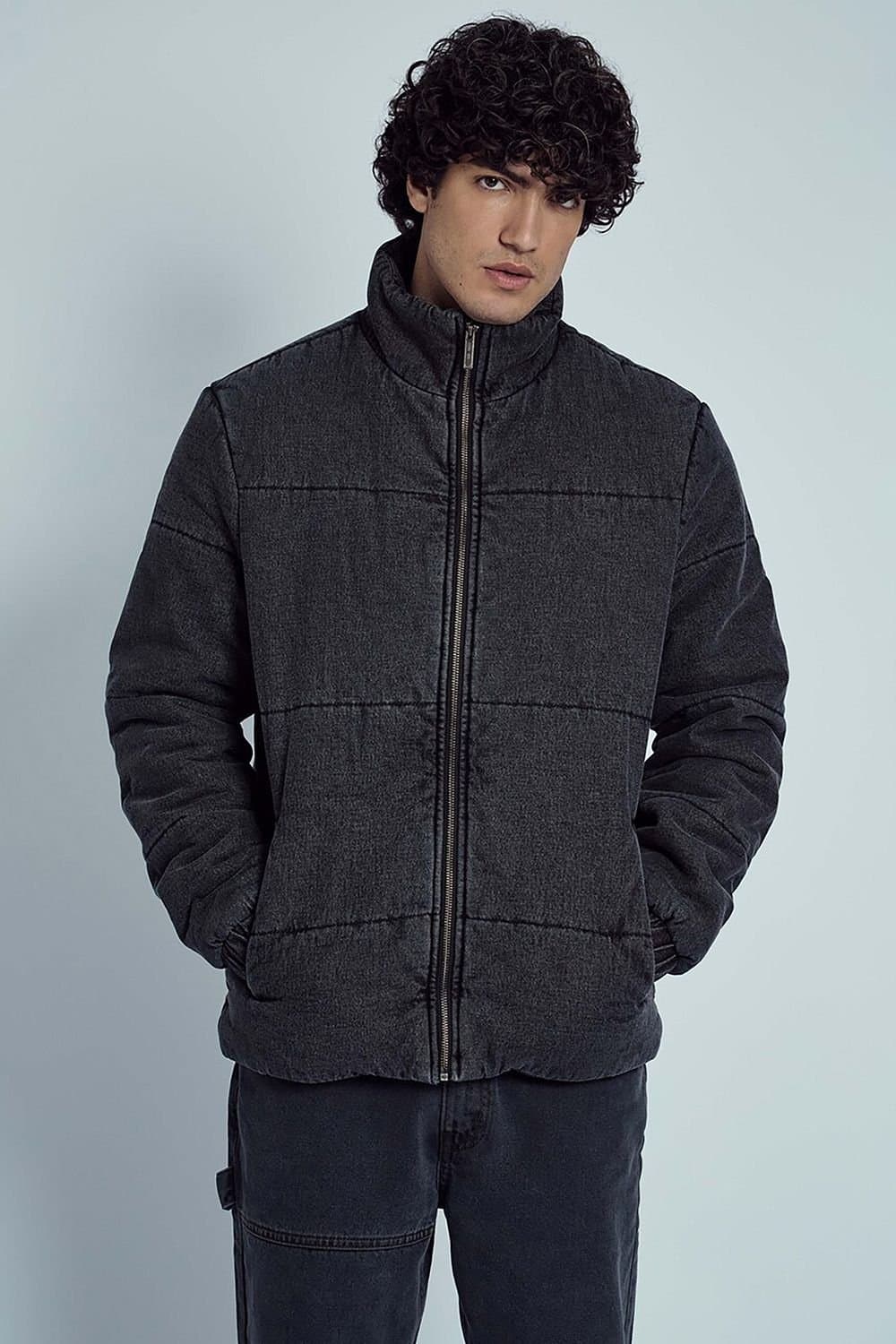 Native Youth Native Youth Men's Quilted Padded Denim-Finish Funnel Neck Zip Jacket in Black