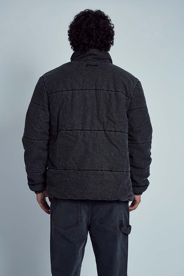 Native Youth Native Youth Men's Quilted Padded Denim-Finish Funnel Neck Zip Jacket in Black - 2