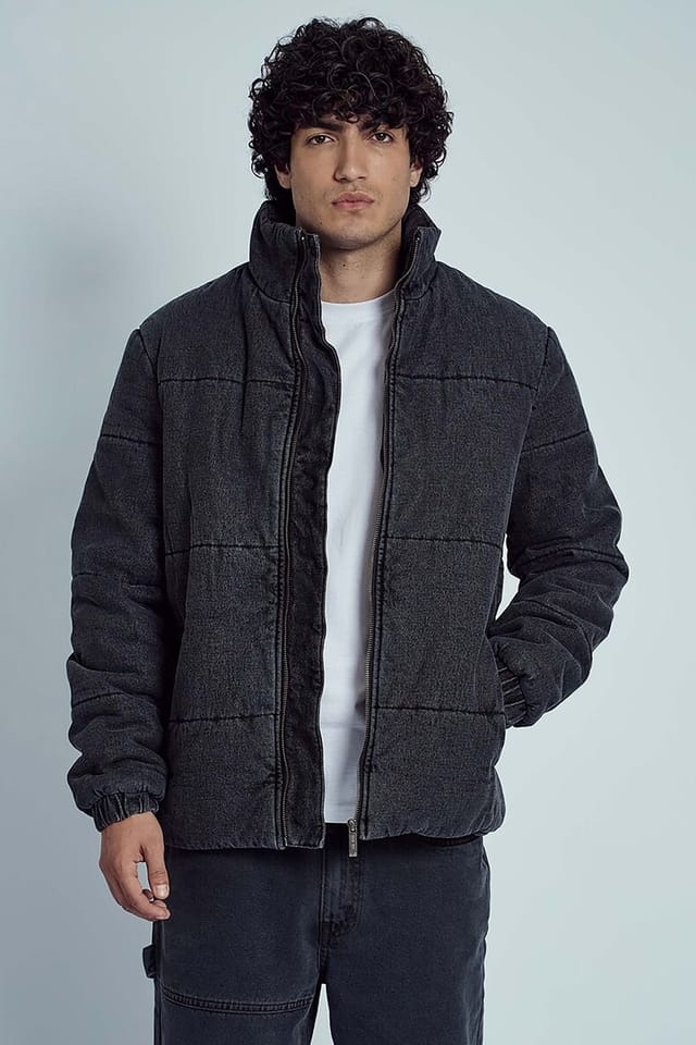 Native Youth Native Youth Men's Quilted Padded Denim-Finish Funnel Neck Zip Jacket in Black - 3