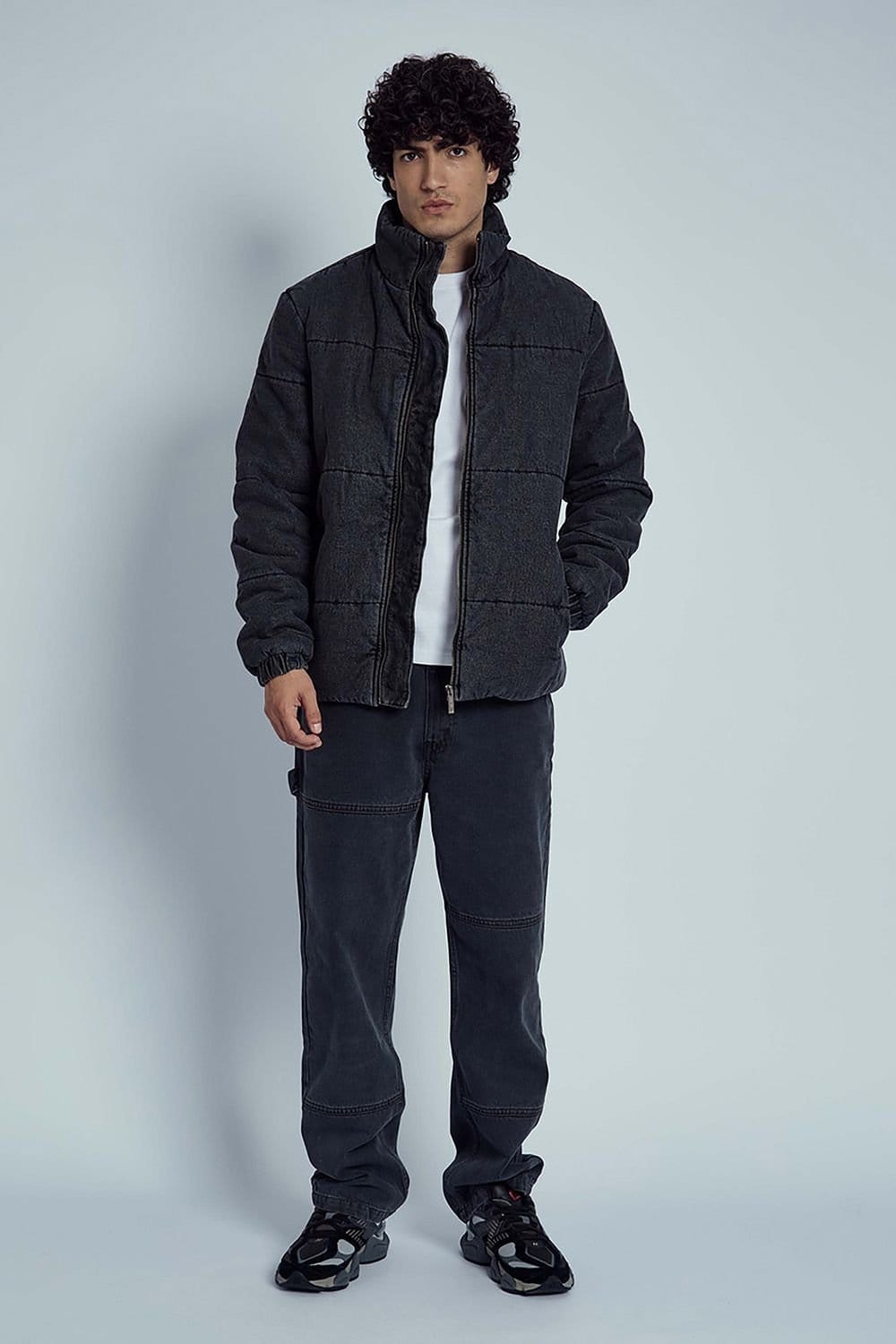 Native Youth Native Youth Men's Quilted Padded Denim-Finish Funnel Neck Zip Jacket in Black - 4