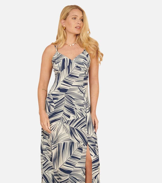Yumi Women's Navy Leaf Print Crossover Strap Midi Dress Yumi New Look - 2