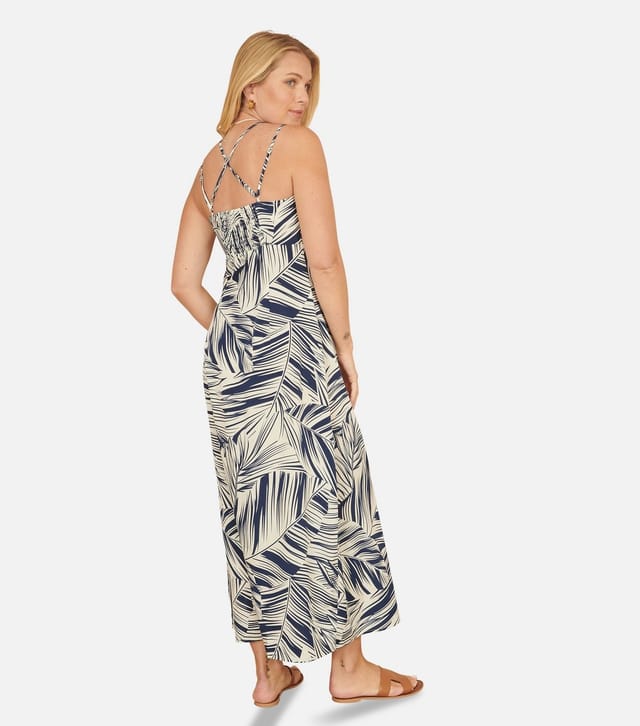Yumi Women's Navy Leaf Print Crossover Strap Midi Dress Yumi New Look - 3