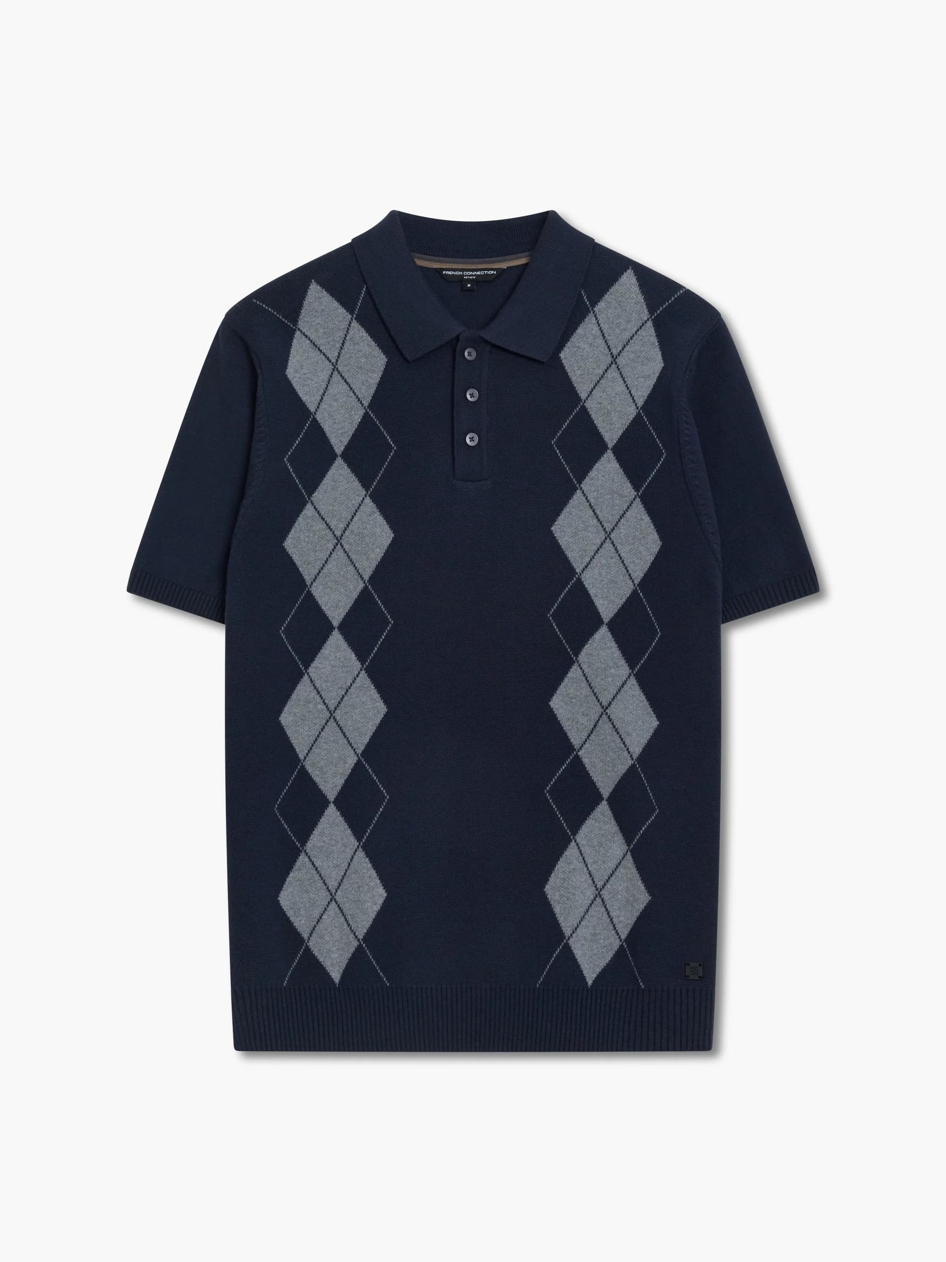 French Connection Short Sleeve Argyle Knit Navy Polo Shirt Navy Blue/Grey