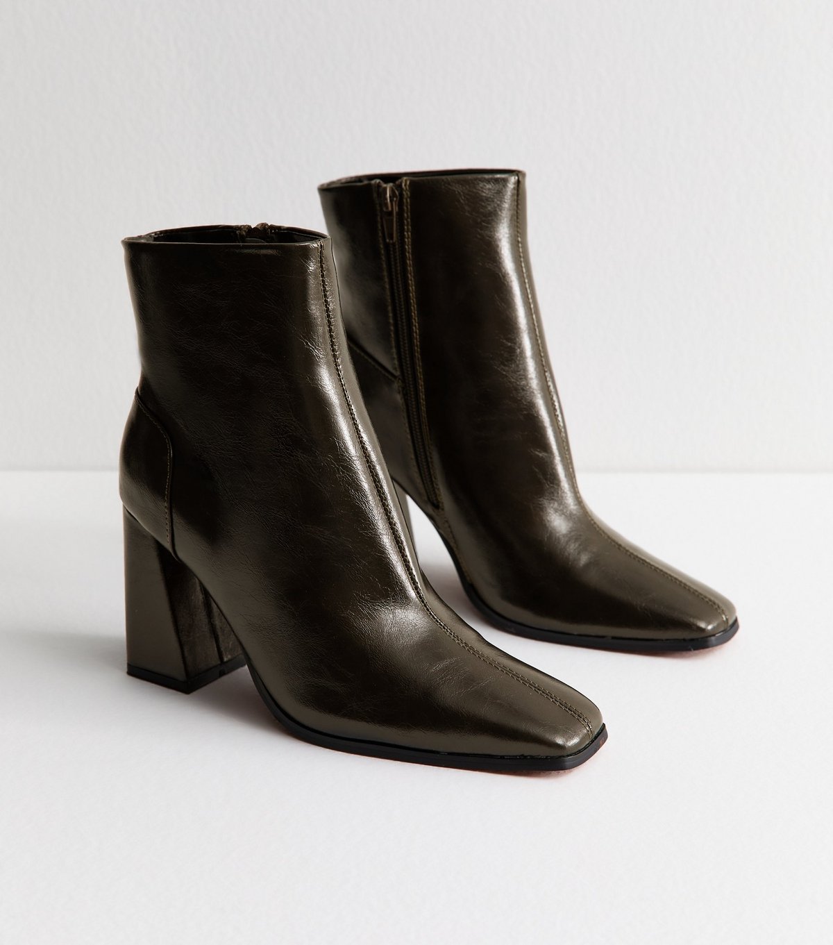 New Look Women's Dark Khaki Faux Leather Square Toe Ankle Boots Vegan New Look - 3