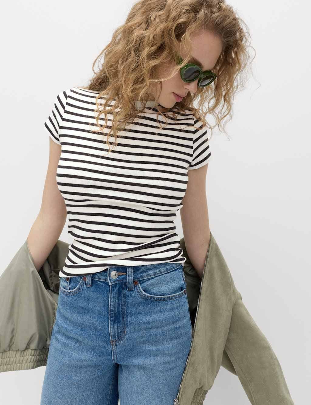 Marks & Spencer M&S Cotton Rich Ribbed Slim Fit T-Shirt Black Mix