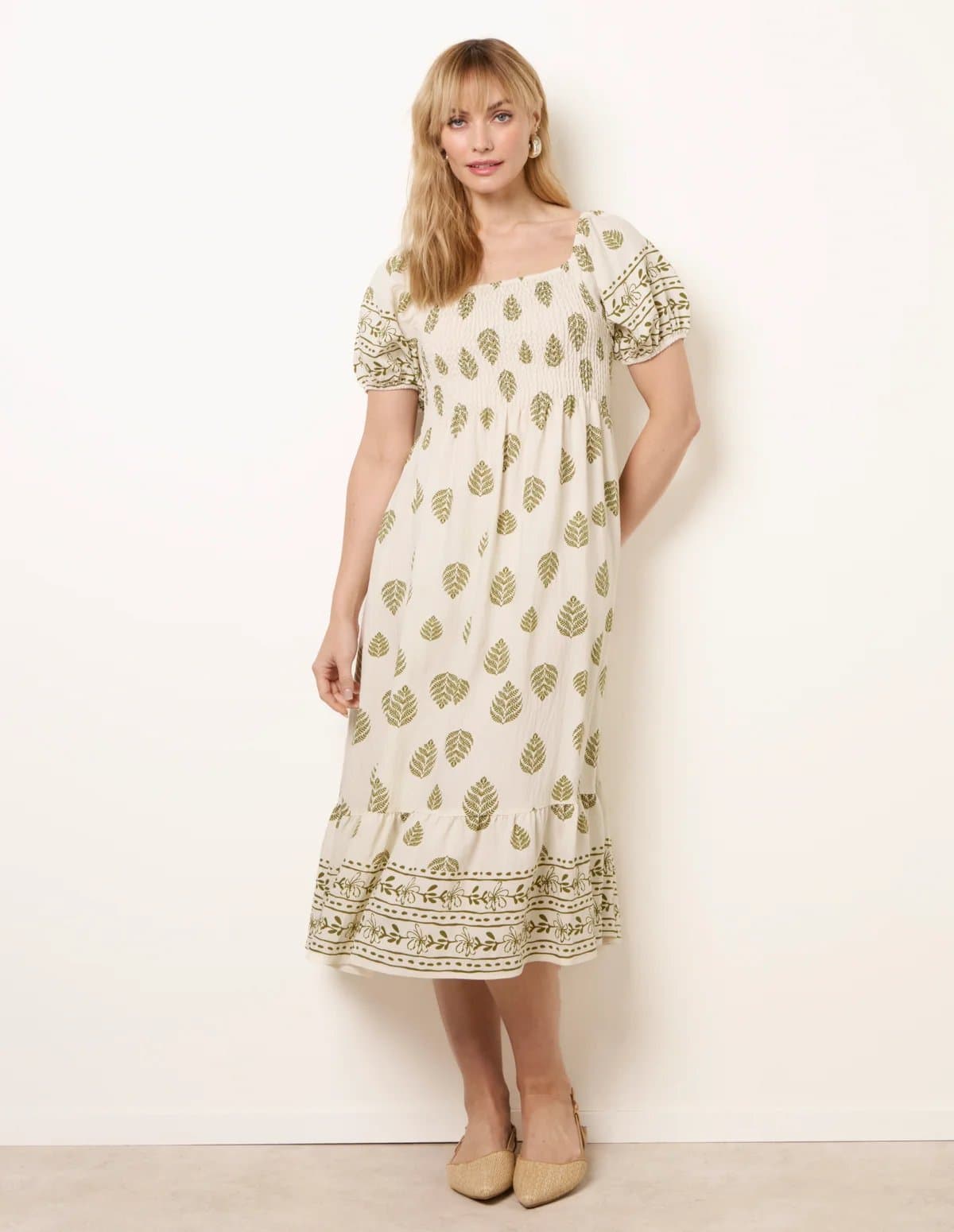 Blue Vanilla Square Neck Puff Sleeve Shirred Border Midi Dress
