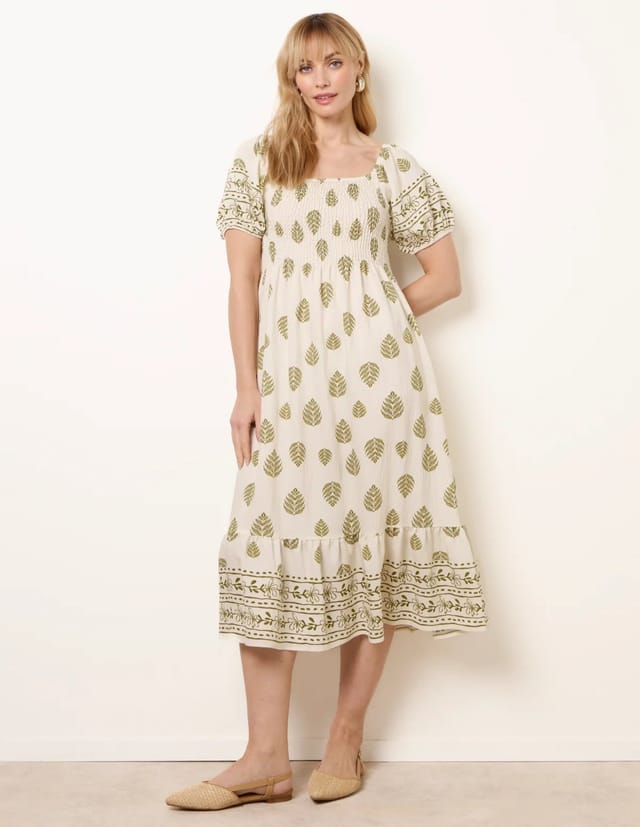 Blue Vanilla Square Neck Puff Sleeve Shirred Border Midi Dress - 3