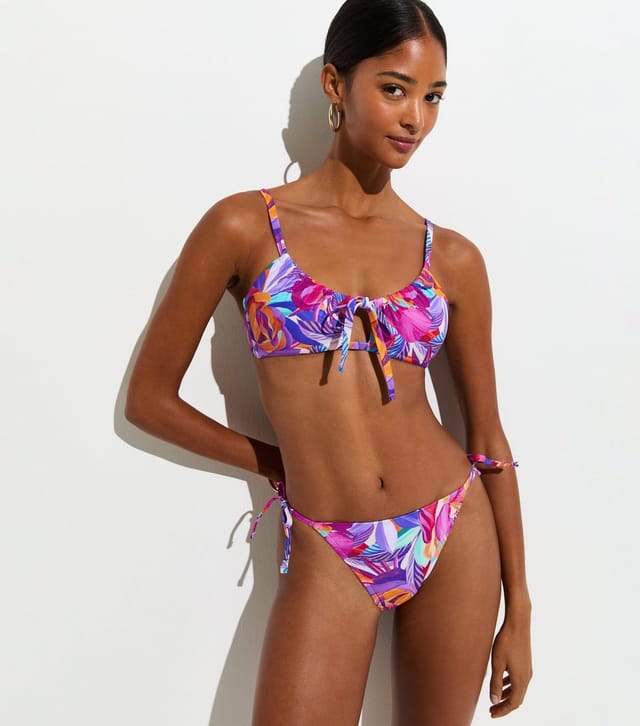 New Look Women's Purple Tropical Leaf Tie Side Bikini Bottoms New Look - 3