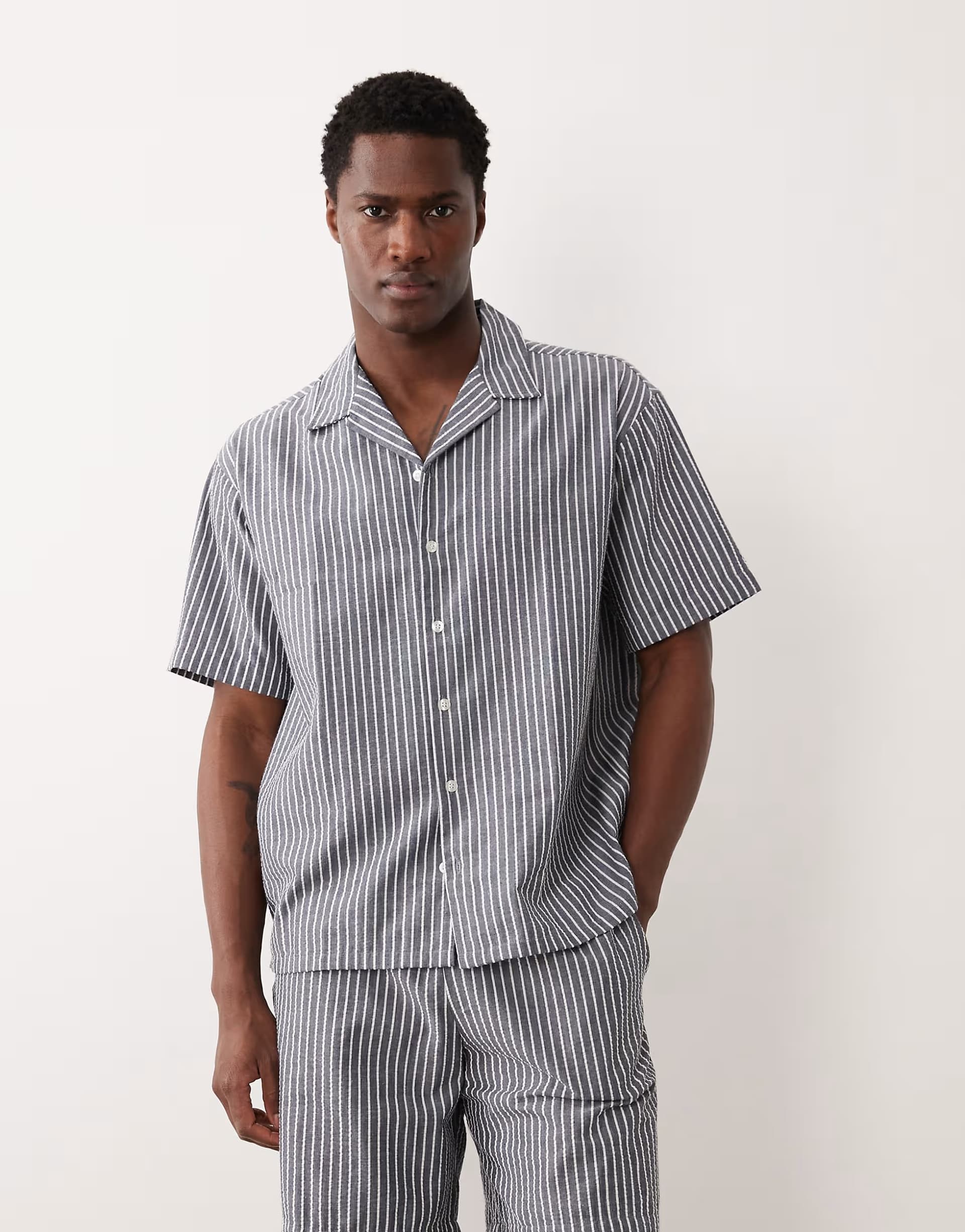 ASOS JJ Rebel co ord seersucker shirt in stripe navy