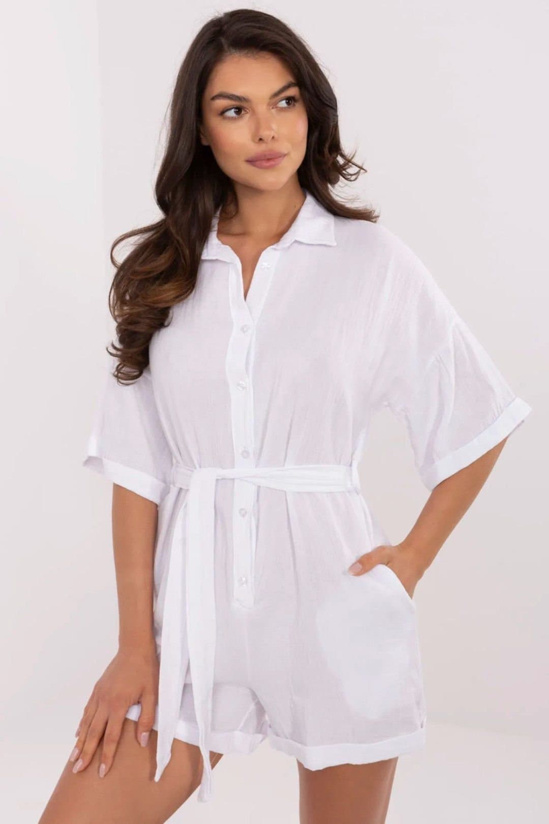 Love Lace Love Lace Women's Light Muslin Cotton Jumpsuit with Belt in White