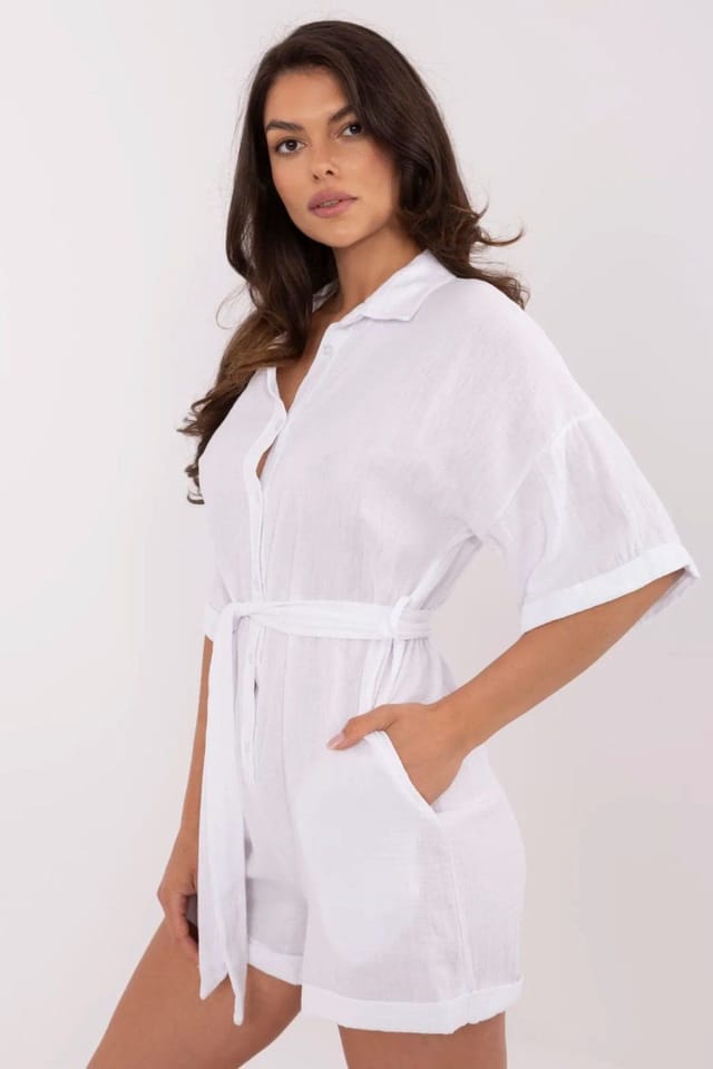 Love Lace Love Lace Women's Light Muslin Cotton Jumpsuit with Belt in White - 2