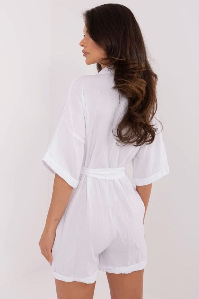Love Lace Love Lace Women's Light Muslin Cotton Jumpsuit with Belt in White - 3