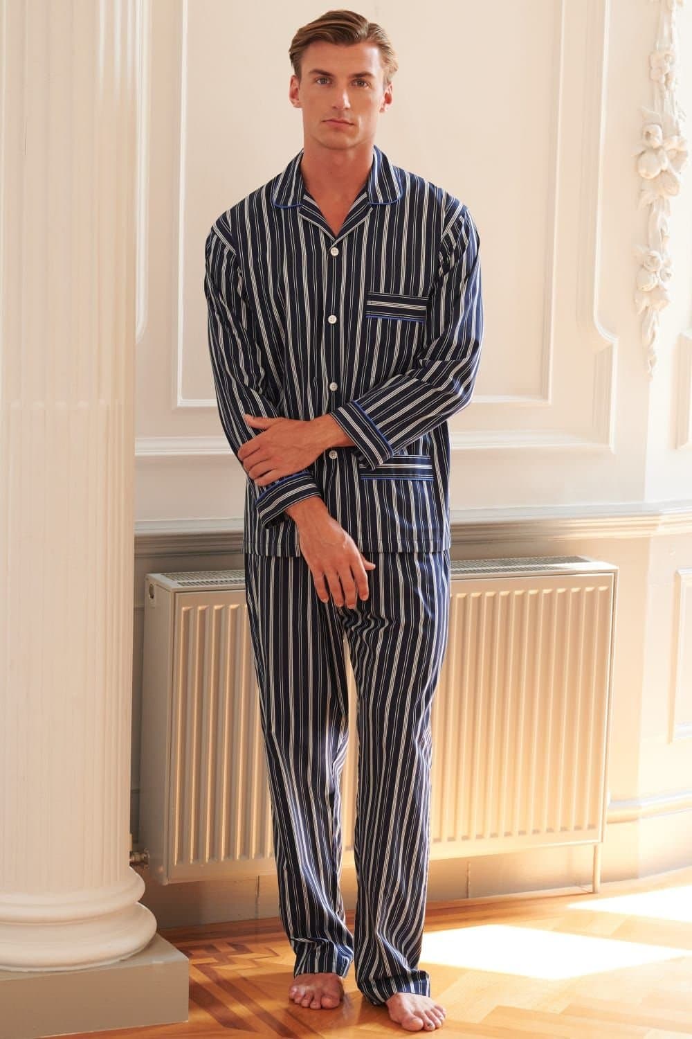 British Boxers British Boxers Men's "Windsor Regimental" Satin Stripe Cotton Pyjama Set in Navy