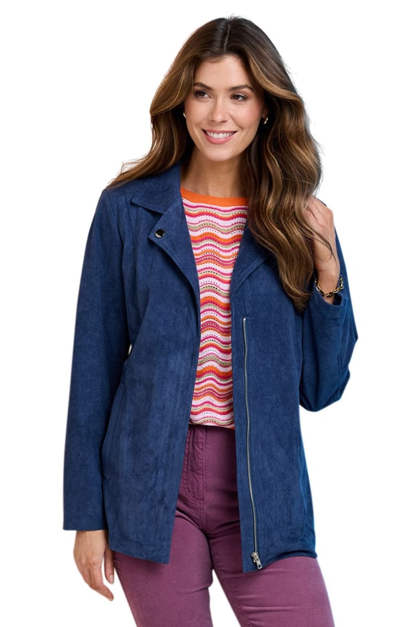 Amber Amber Women's Mock Suede Biker Jacket, Soft Faux Suede Zip Jacket with Studded in Blue - 1