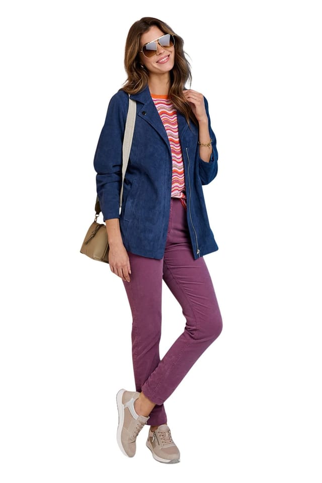 Amber Amber Women's Mock Suede Biker Jacket, Soft Faux Suede Zip Jacket with Studded in Blue - 2