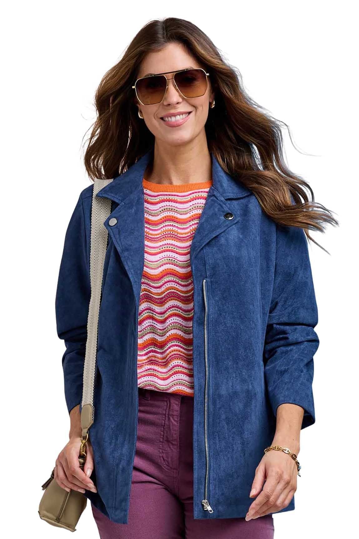 Amber Amber Women's Mock Suede Biker Jacket, Soft Faux Suede Zip Jacket with Studded in Blue - 4
