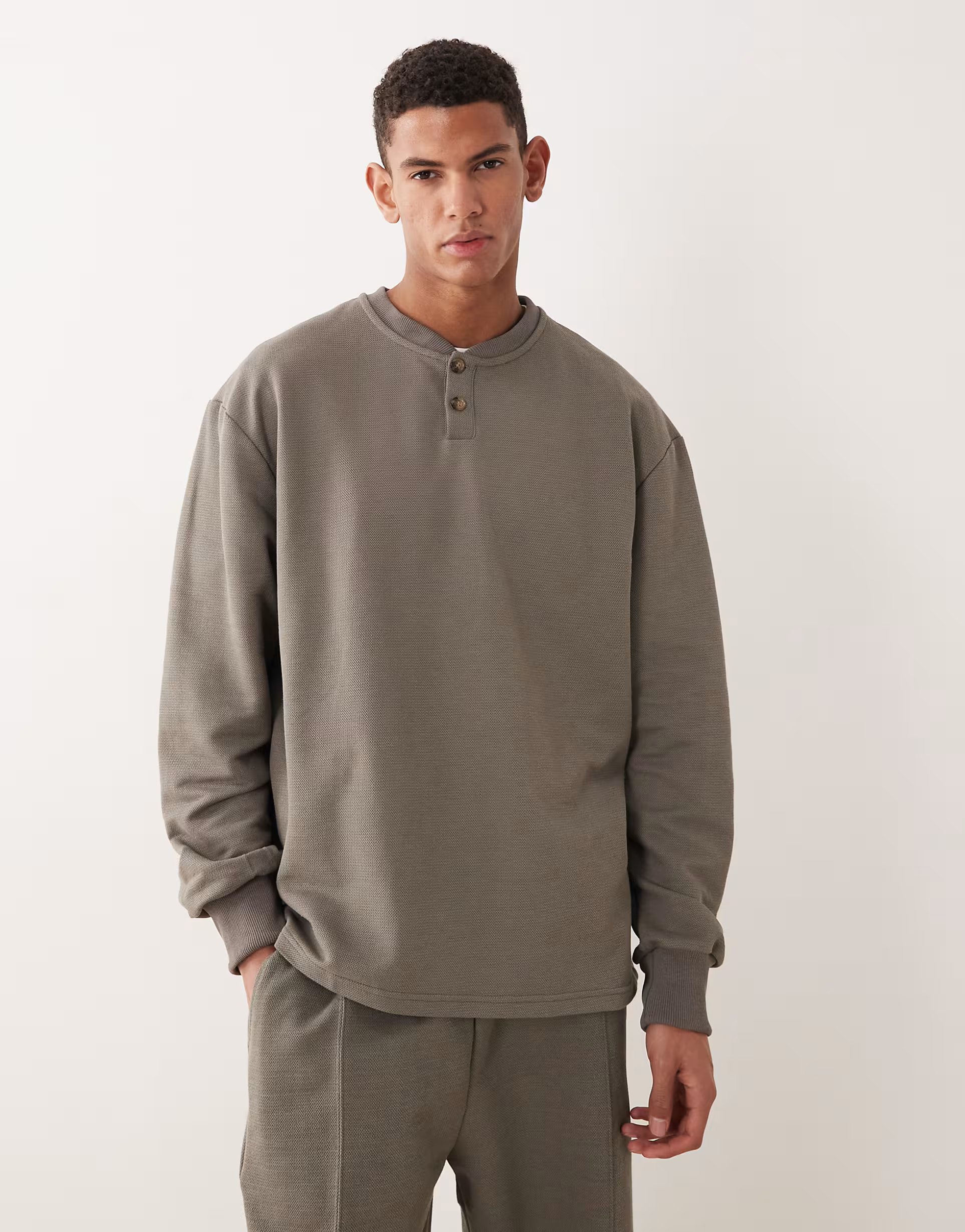 ASOS ASOS DESIGN co-ord oversized pique henley sweatshirt in khaki - 1