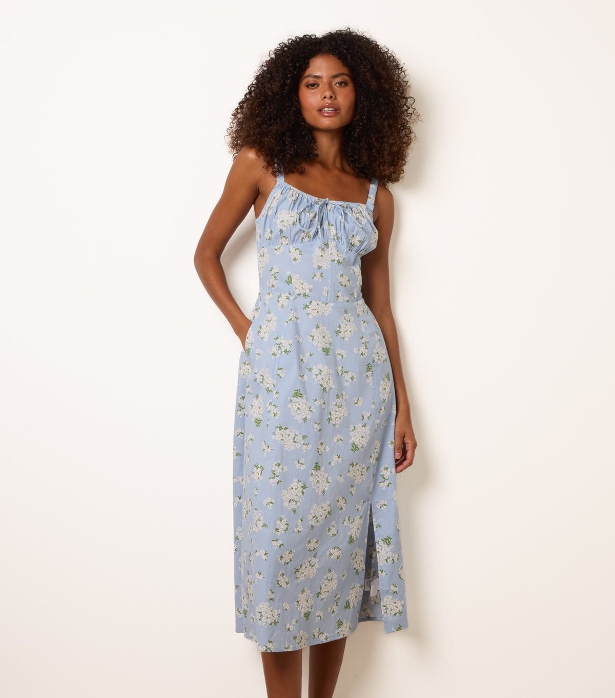 Women's Blue Cotton Floral Midi Dress Blue Vanilla New Look