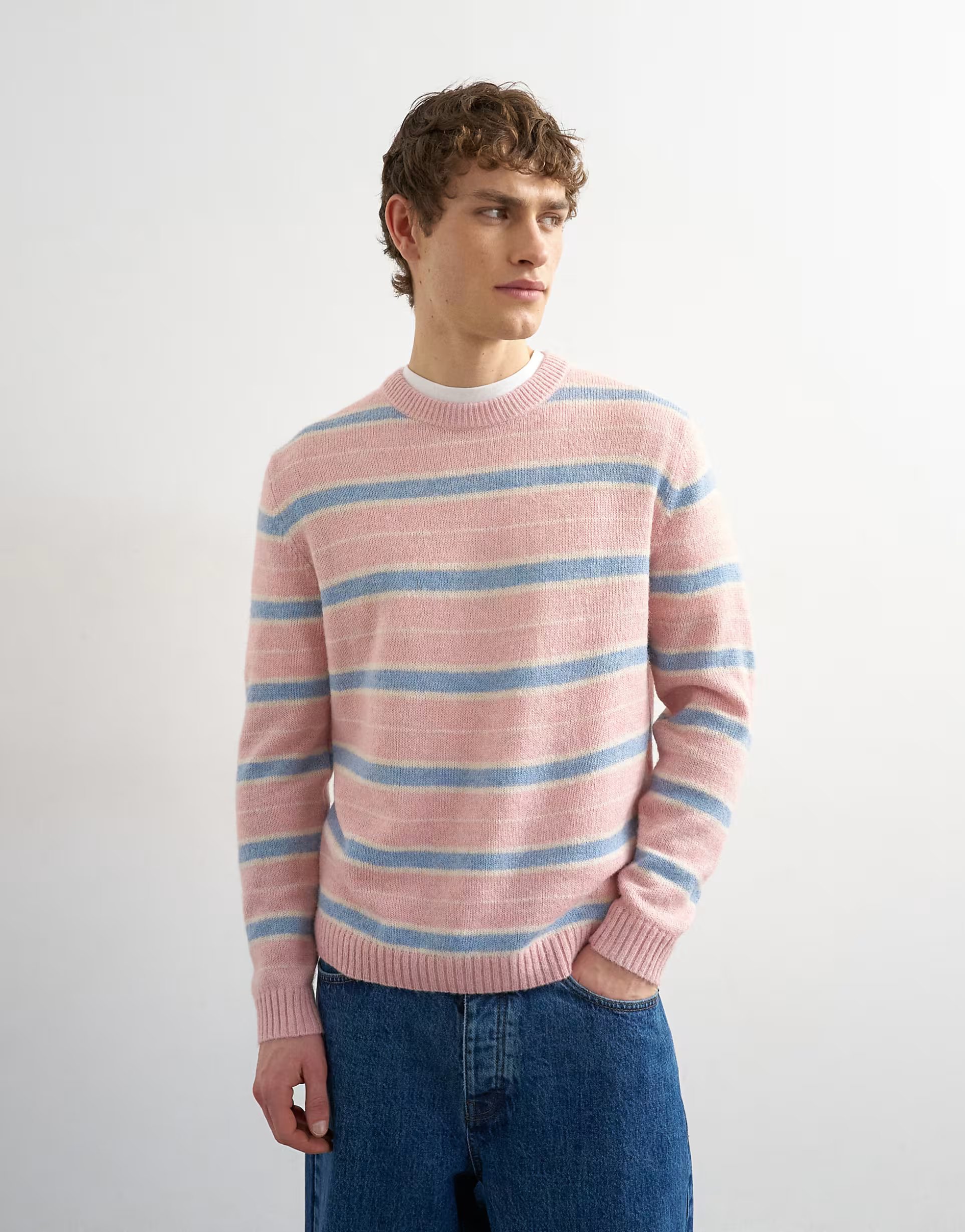 ASOS Topman relaxed fit knitted brushed stripe jumper in pink - 1