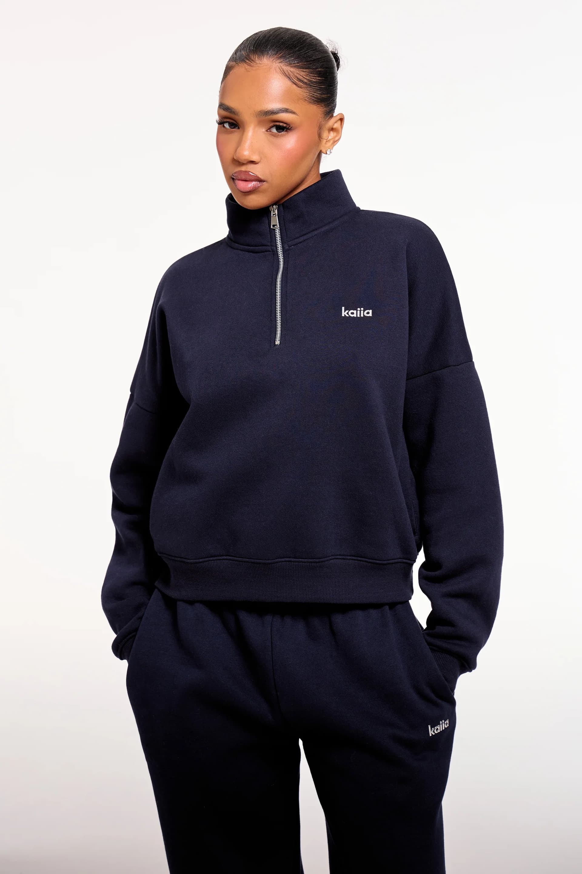 Kaiia Kaiia Chrome Logo Oversized Quarter Zip Sweatshirt in Navy