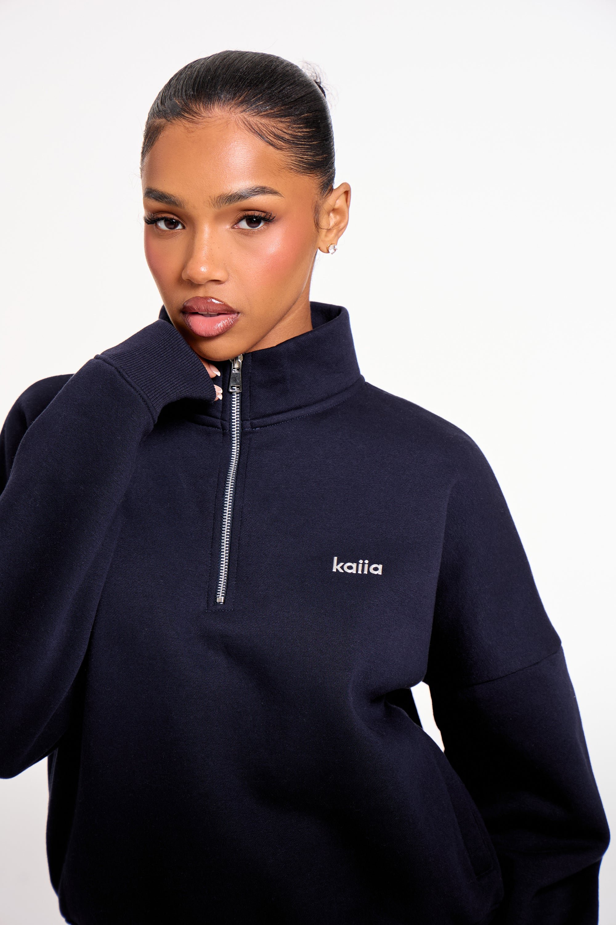 Kaiia Kaiia Chrome Logo Oversized Quarter Zip Sweatshirt Navy - 2