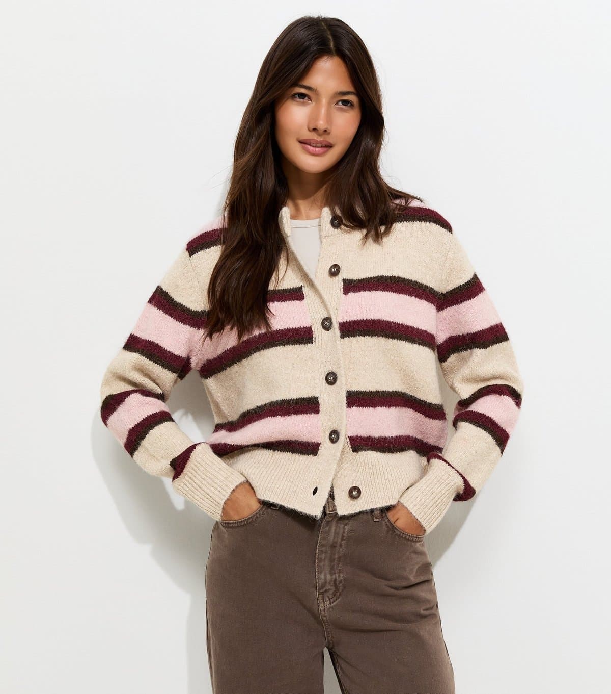 New Look New Look Cream Knitted Contrast Stripe Cardigan