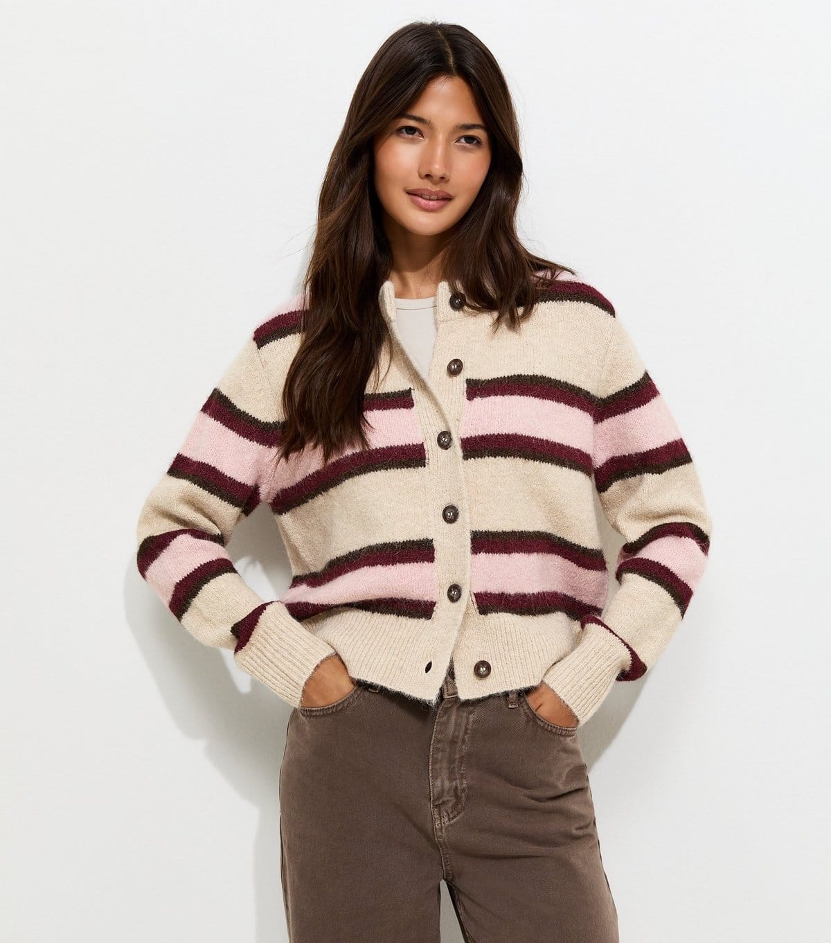 New Look Cream Knitted Contrast Stripe Cardigan