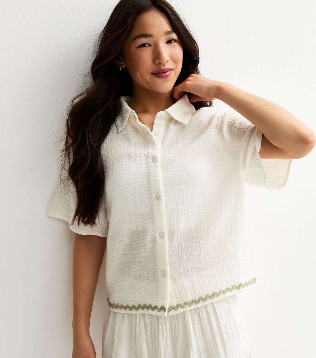 New Look New Look White Cotton Textured Shirt with Ric Rac Trim