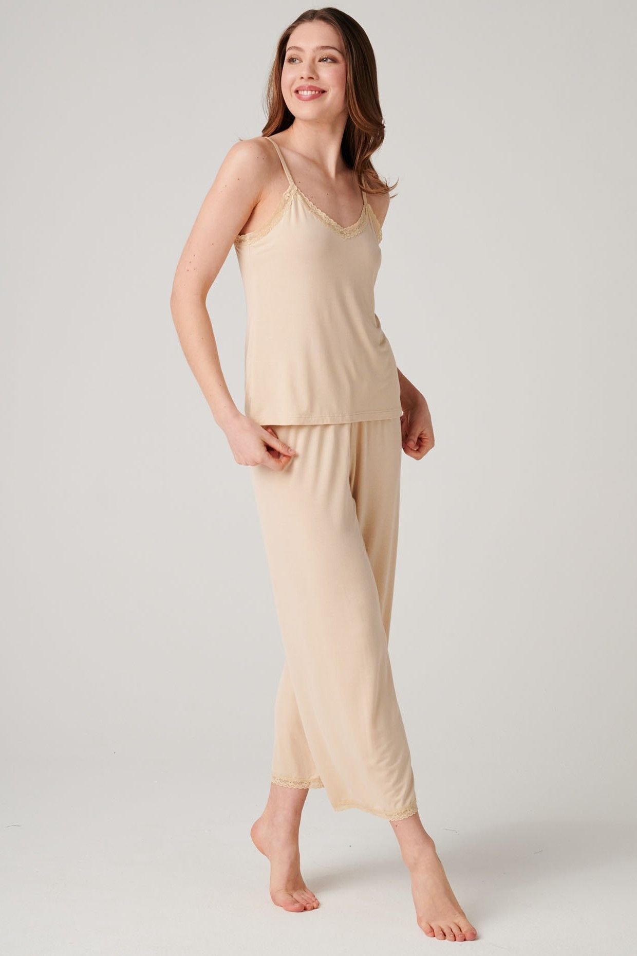 British Boxers British Boxers Women's "Soft Sand" Bamboo Lace Camisole Pyjama Set in Light Sand - 2