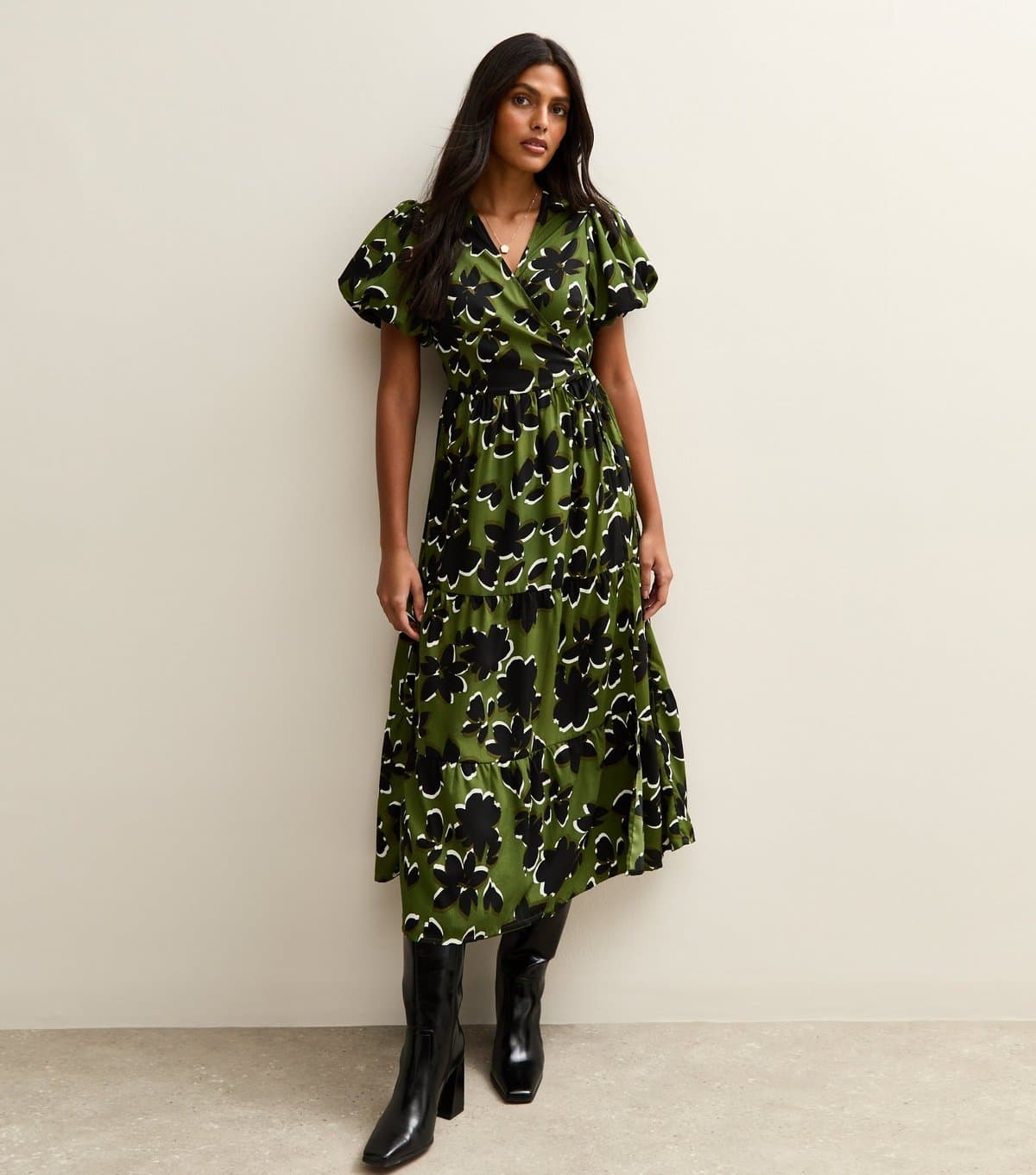 New Look Women's Green Floral Print Wrap Midi Dress New Look