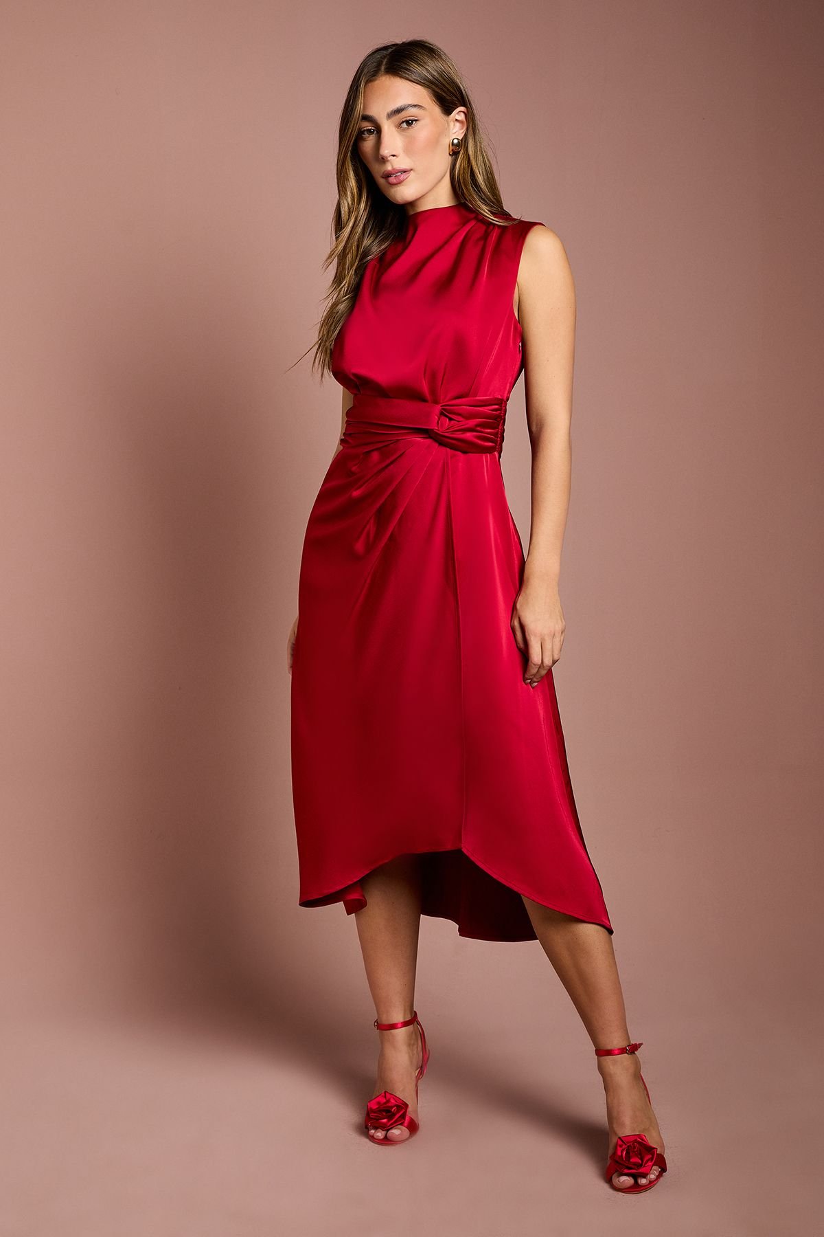 Coast Coast Women's Satin Midi Dress With Twist Waist in Red - 2