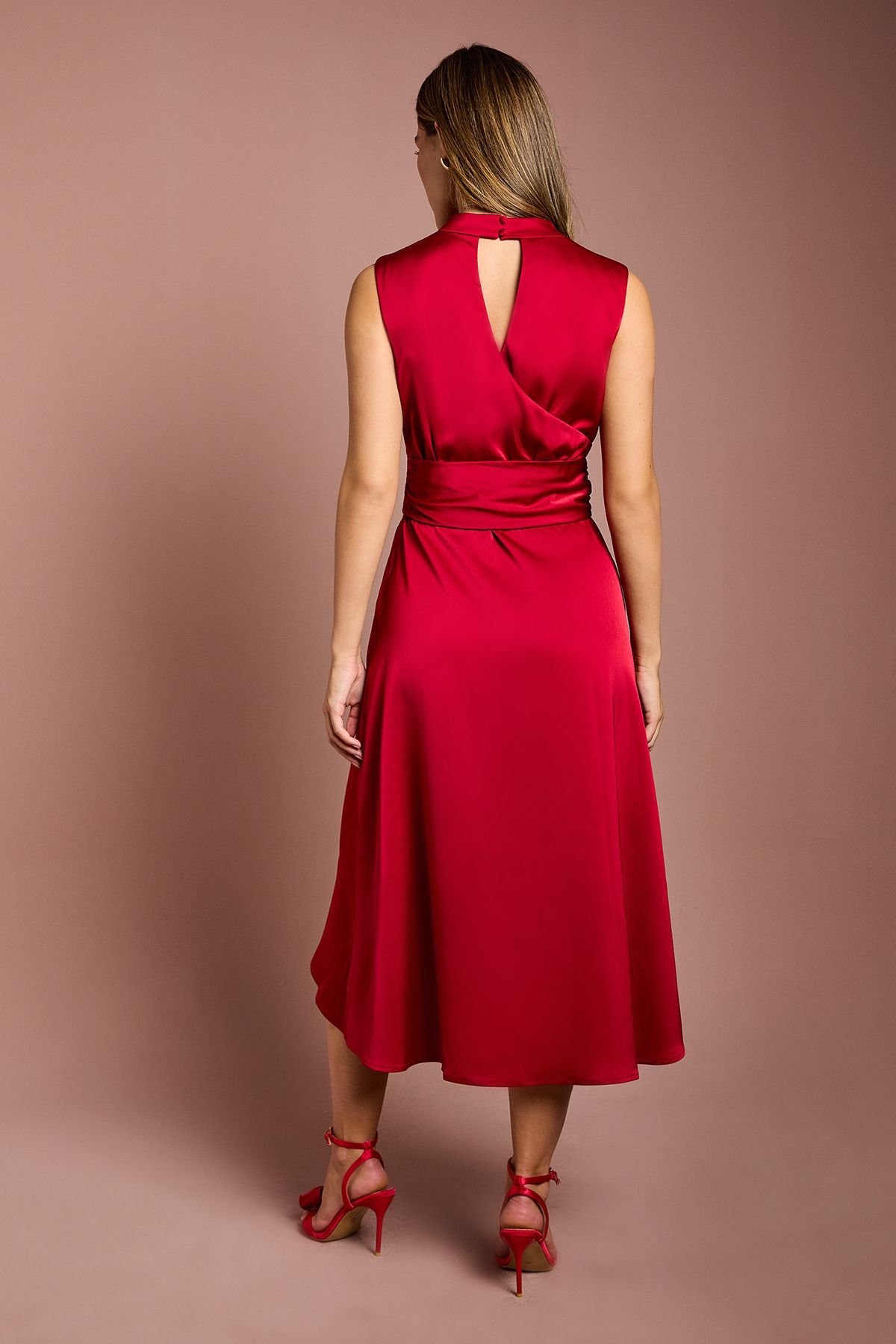 Coast Coast Women's Satin Midi Dress With Twist Waist in Red - 4