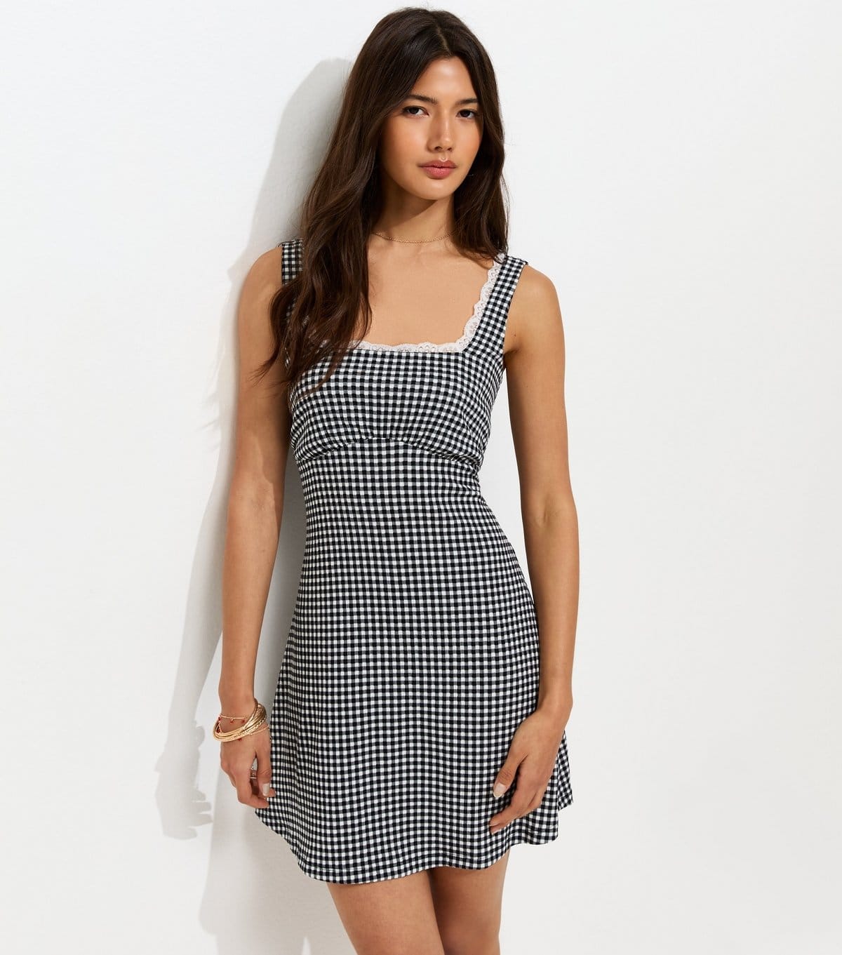 Women's Black Gingham Print Lace Trim Square Neck Mini Dress New Look