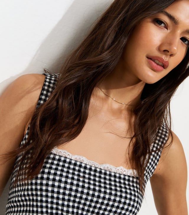 New Look Women's Black Gingham Print Lace Trim Square Neck Mini Dress New Look - 2