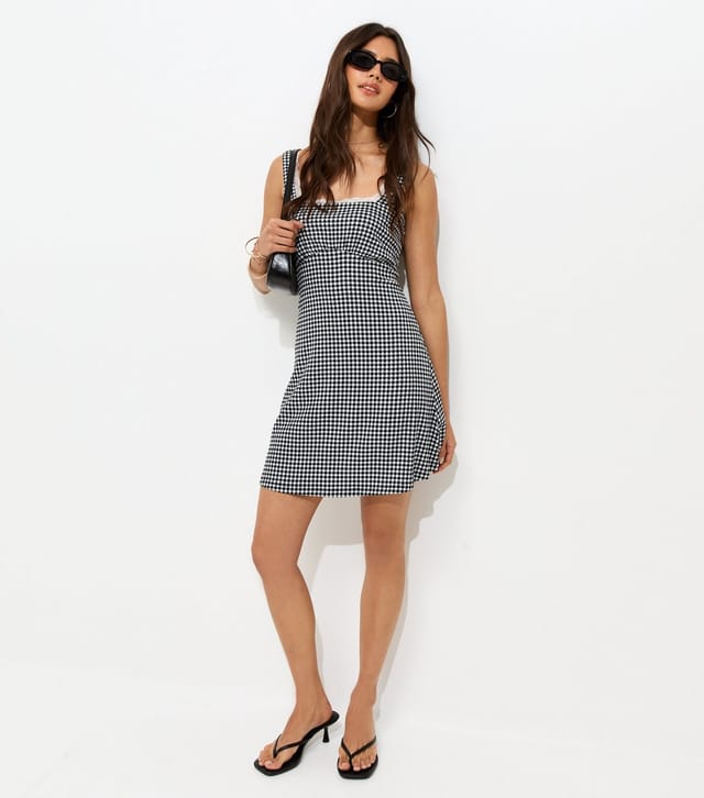 New Look Women's Black Gingham Print Lace Trim Square Neck Mini Dress New Look - 3