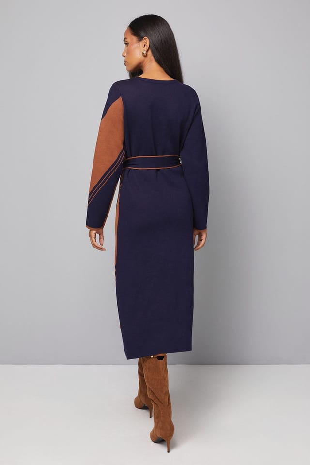 Wallis Wallis Women's Asymmetric Jacquard Knitted Dress in Navy - 3