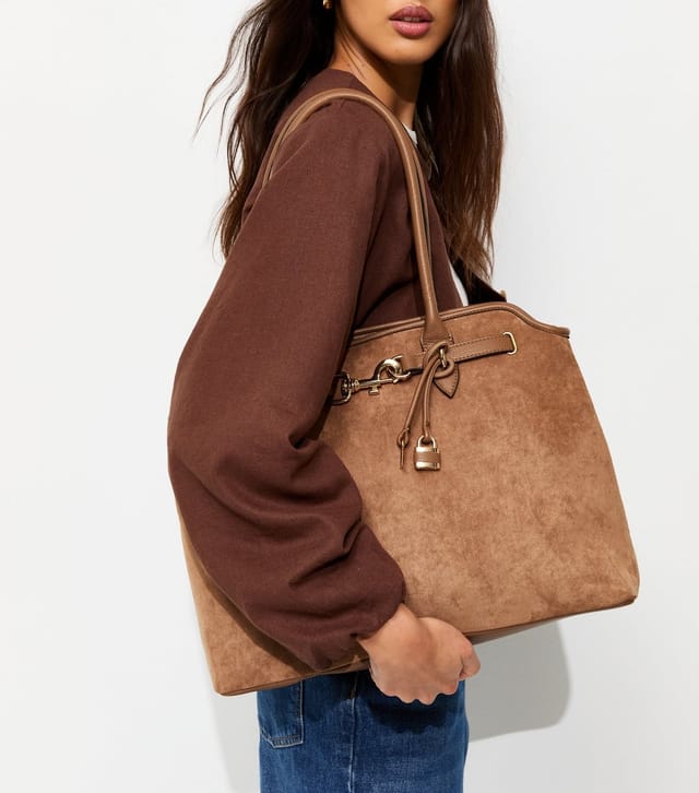 New Look Camel Faux Suede Belted Tote Bag Vegan New Look - 2
