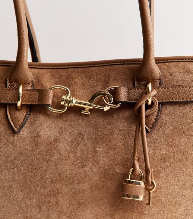 New Look Camel Faux Suede Belted Tote Bag Vegan New Look - 3