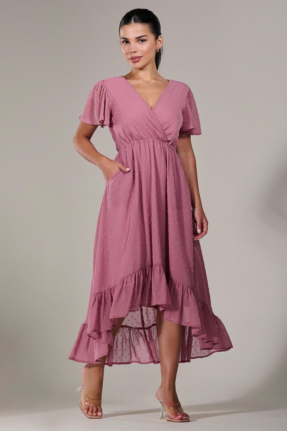 Jolie Moi Jolie Moi Women's Petite High-Low Midaxi Dress in Dusty Pink