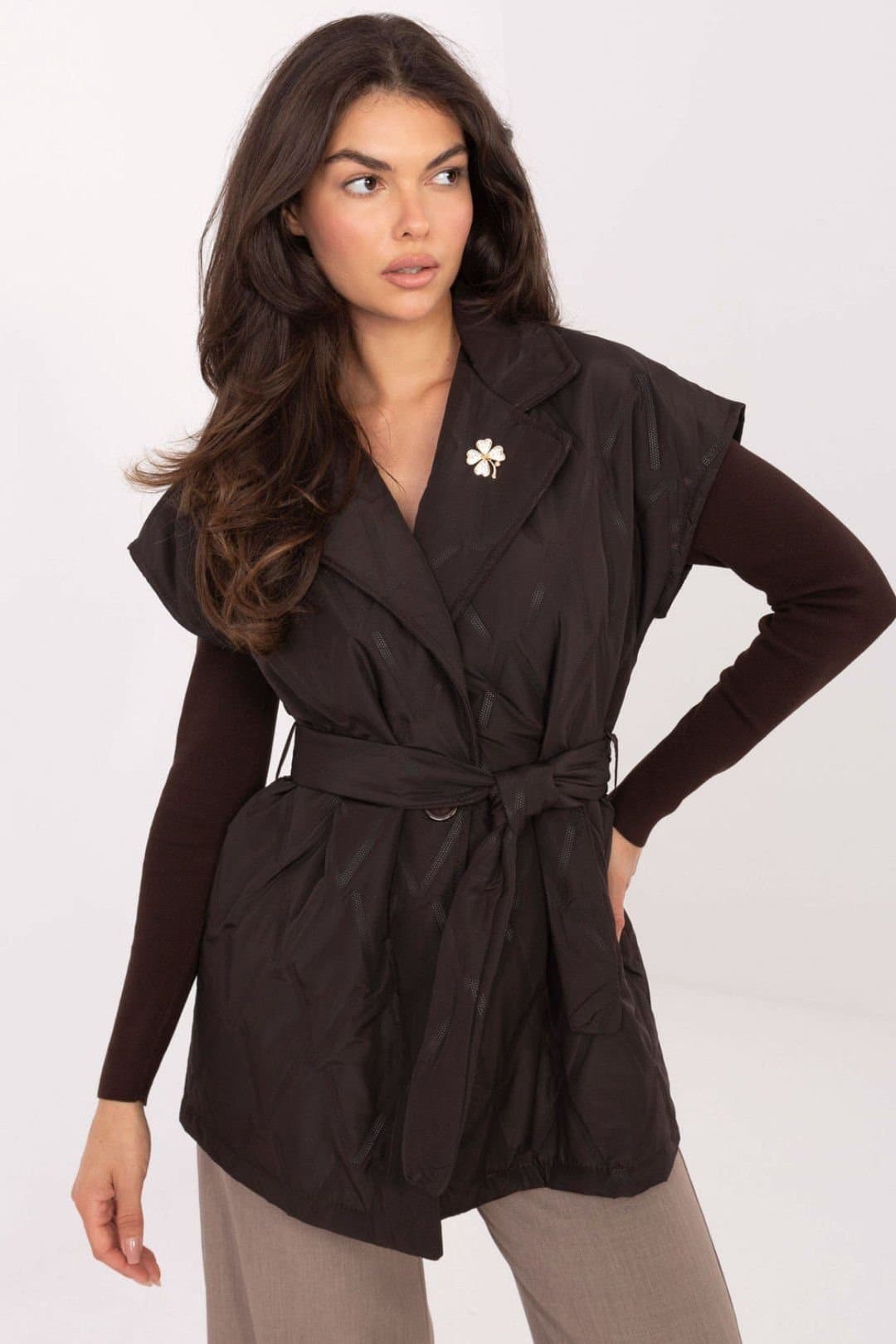 Love Lace Love Lace Women's Elegant Quilted Vest with Tie Belt & Lapels in Brown
