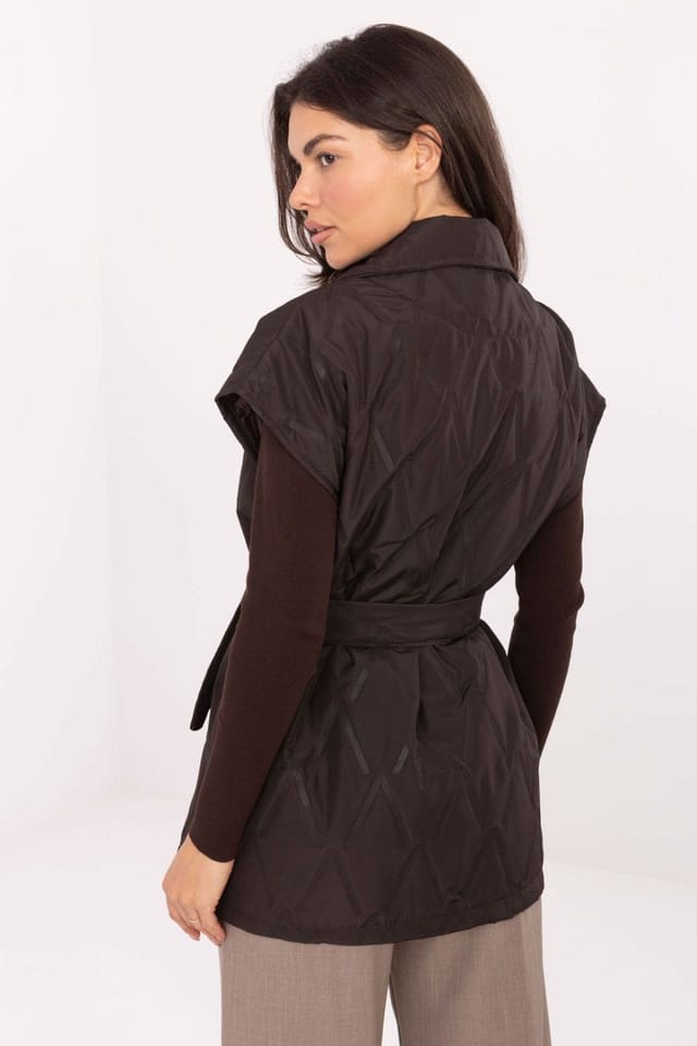 Love Lace Love Lace Women's Elegant Quilted Vest with Tie Belt & Lapels in Brown - 3