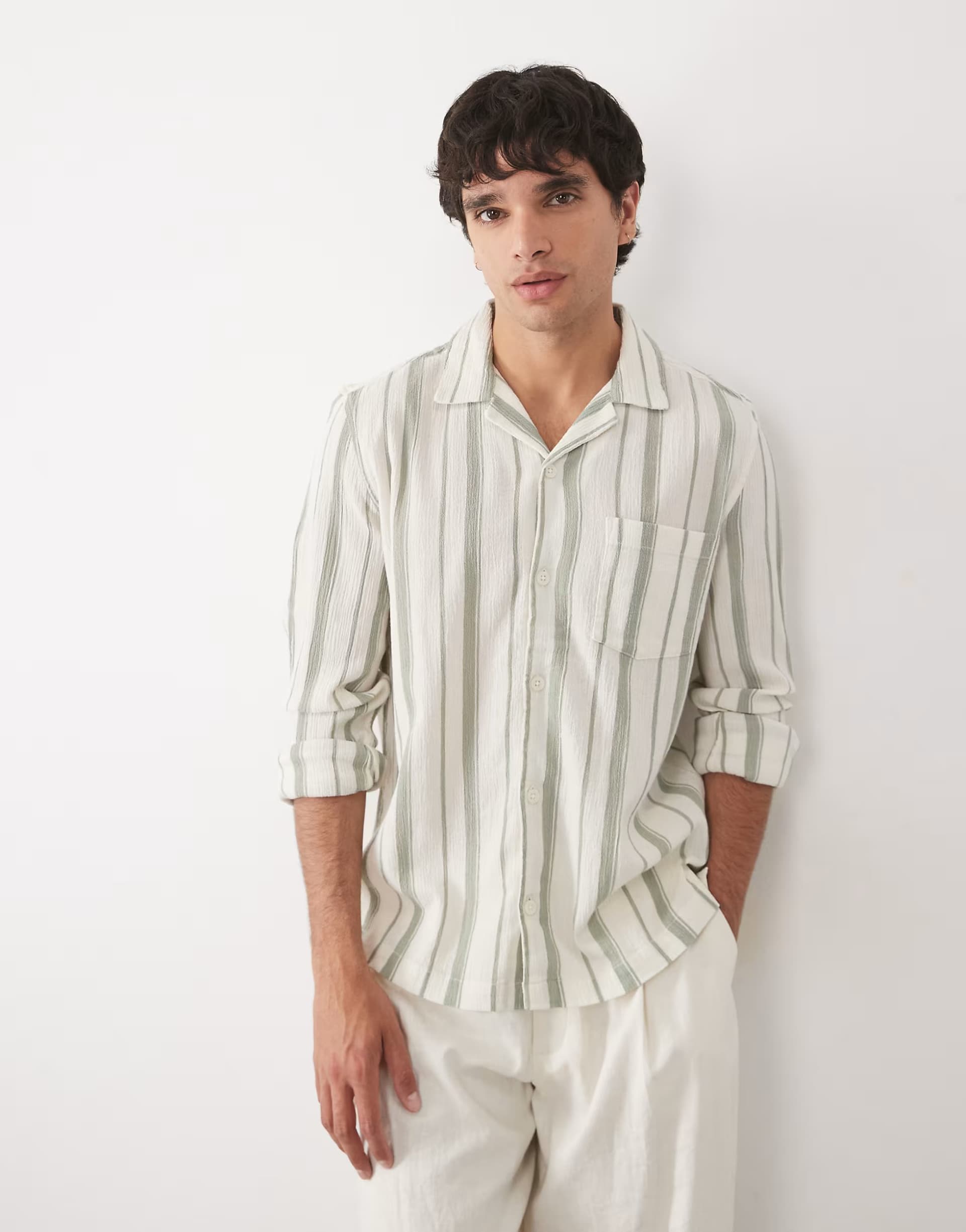 ASOS ASOS DESIGN regular fit revere stripe textured shirt in cream and green