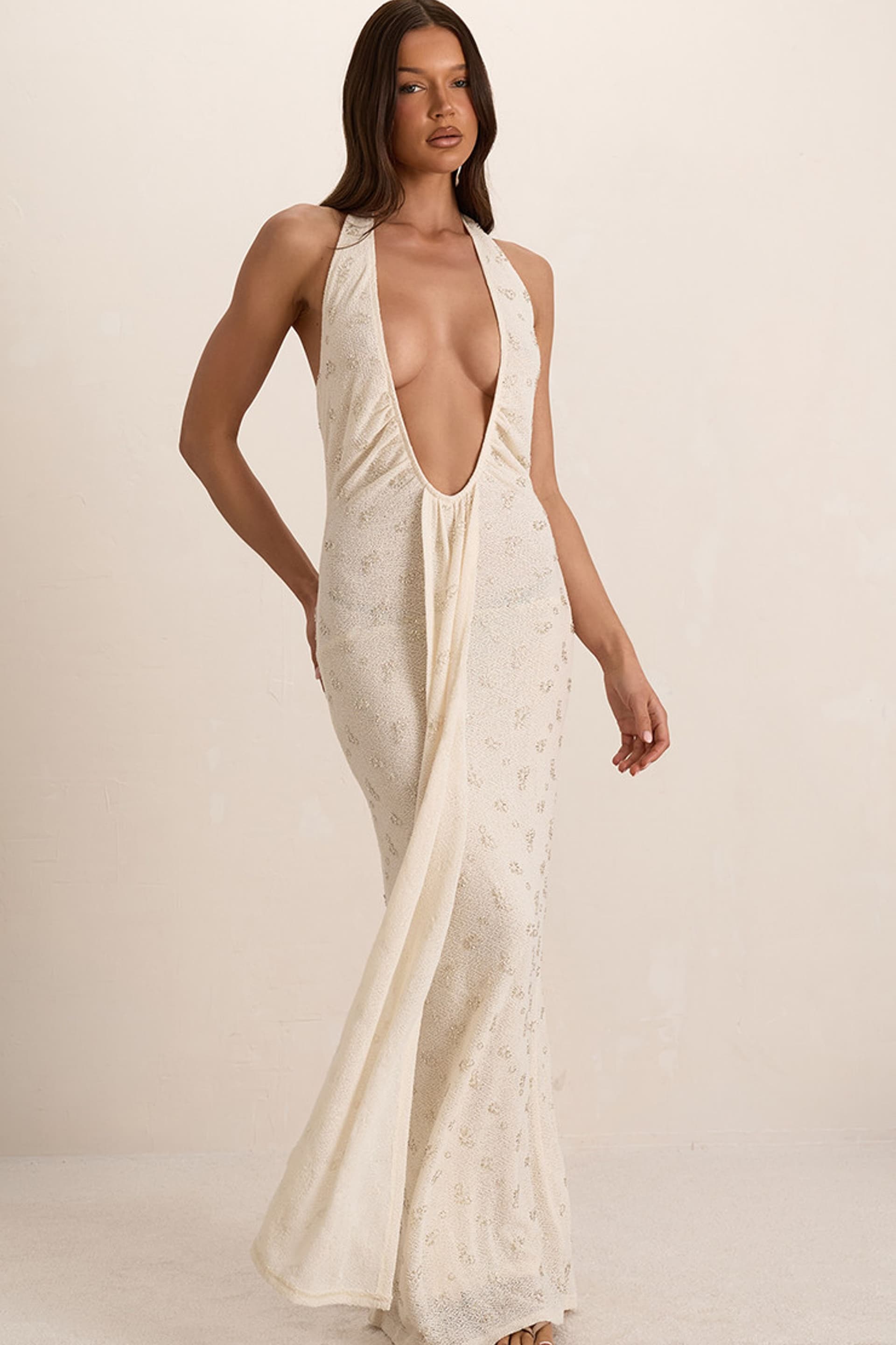 EGO EGO Women's Strappy Halter Neck Drape Maxi Dress in Cream