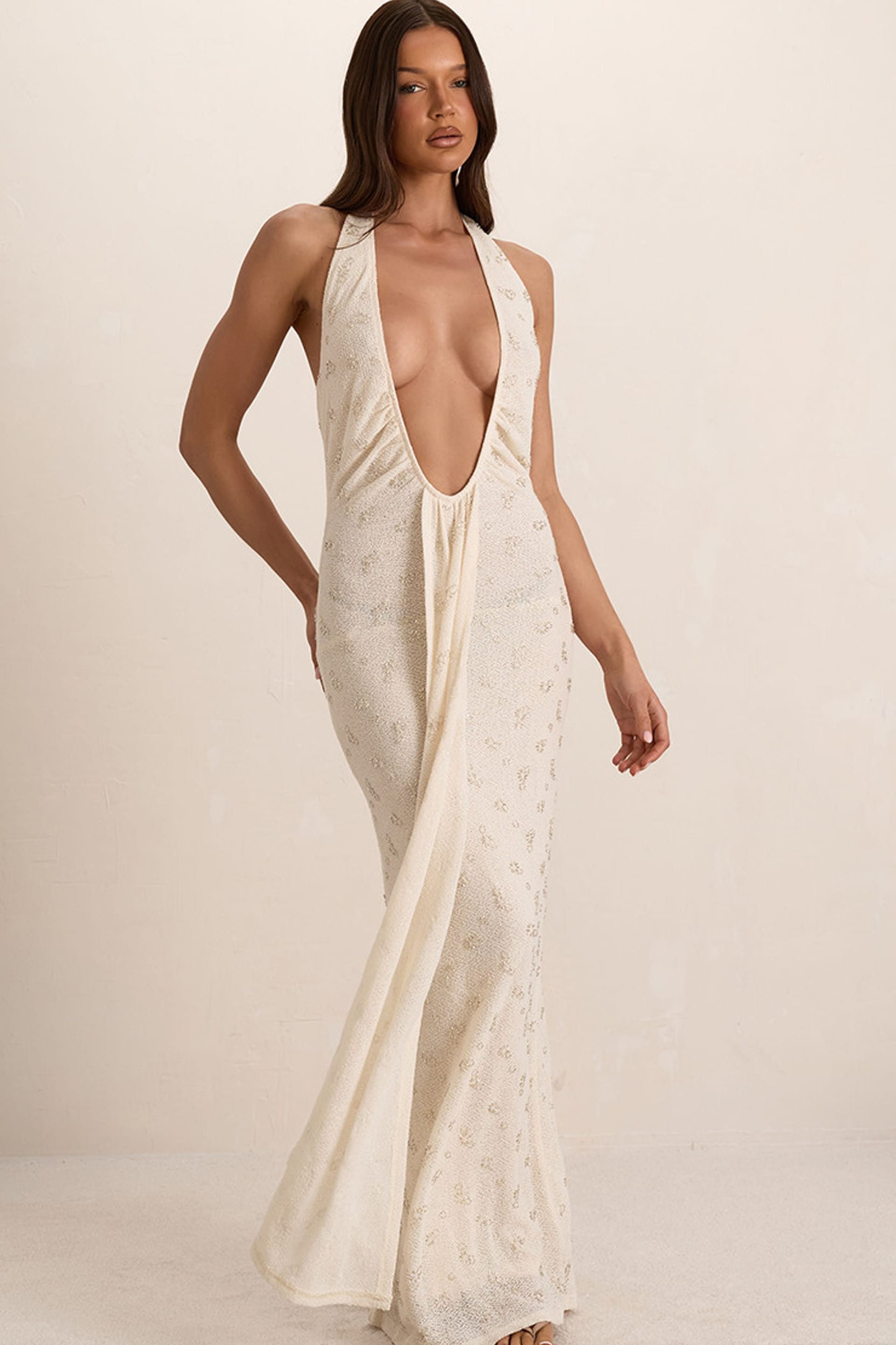 EGO Cream Strappy Halter Neck Drape Maxi Dress